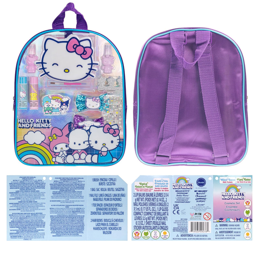 Reusable Hello Kitty backpack filled with makeup items for sleepovers