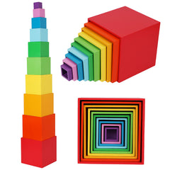 TOWO rainbow stacking boxes shown for color recognition and fine motor play.
