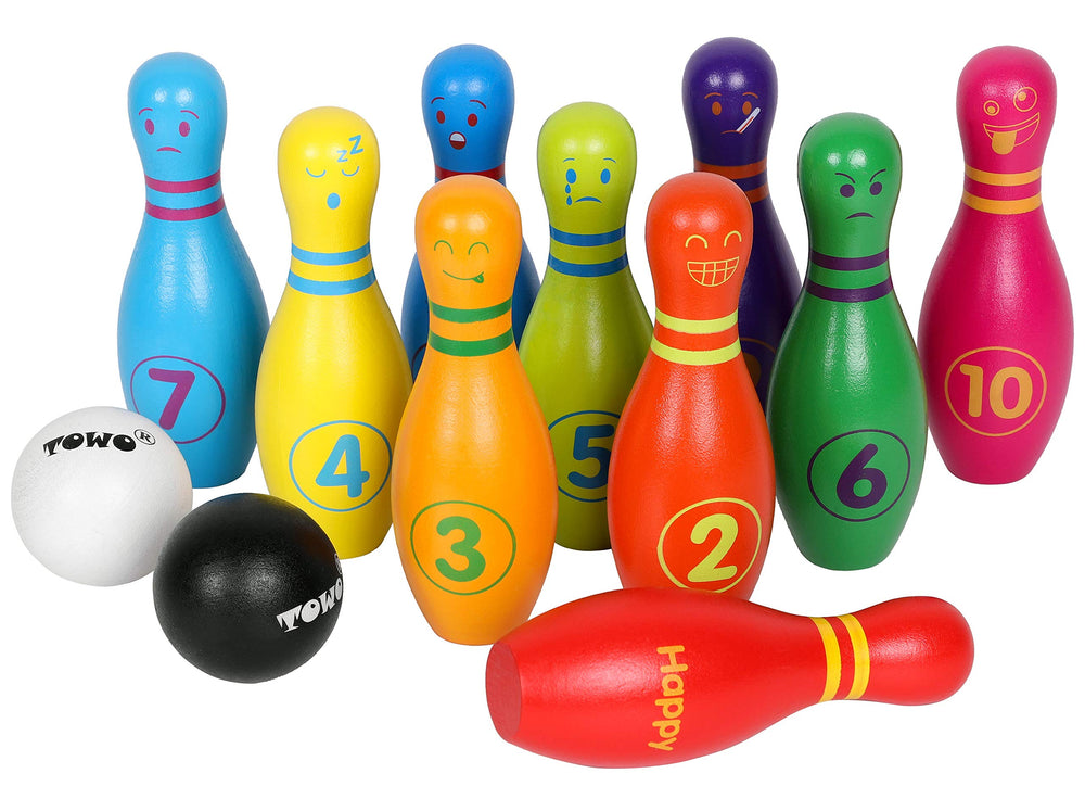 TOWO wooden skittles designed for indoor and outdoor family fun.