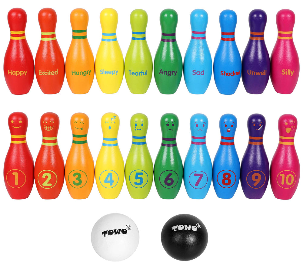 TOWO wooden skittles painted with safe, non-toxic finishes and sustainable wood.