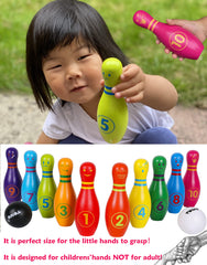TOWO wooden skittles with two wooden bowling balls for easy setup.