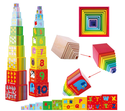 TOWO wooden stacking boxes tower shows tall, stable play and sequencing