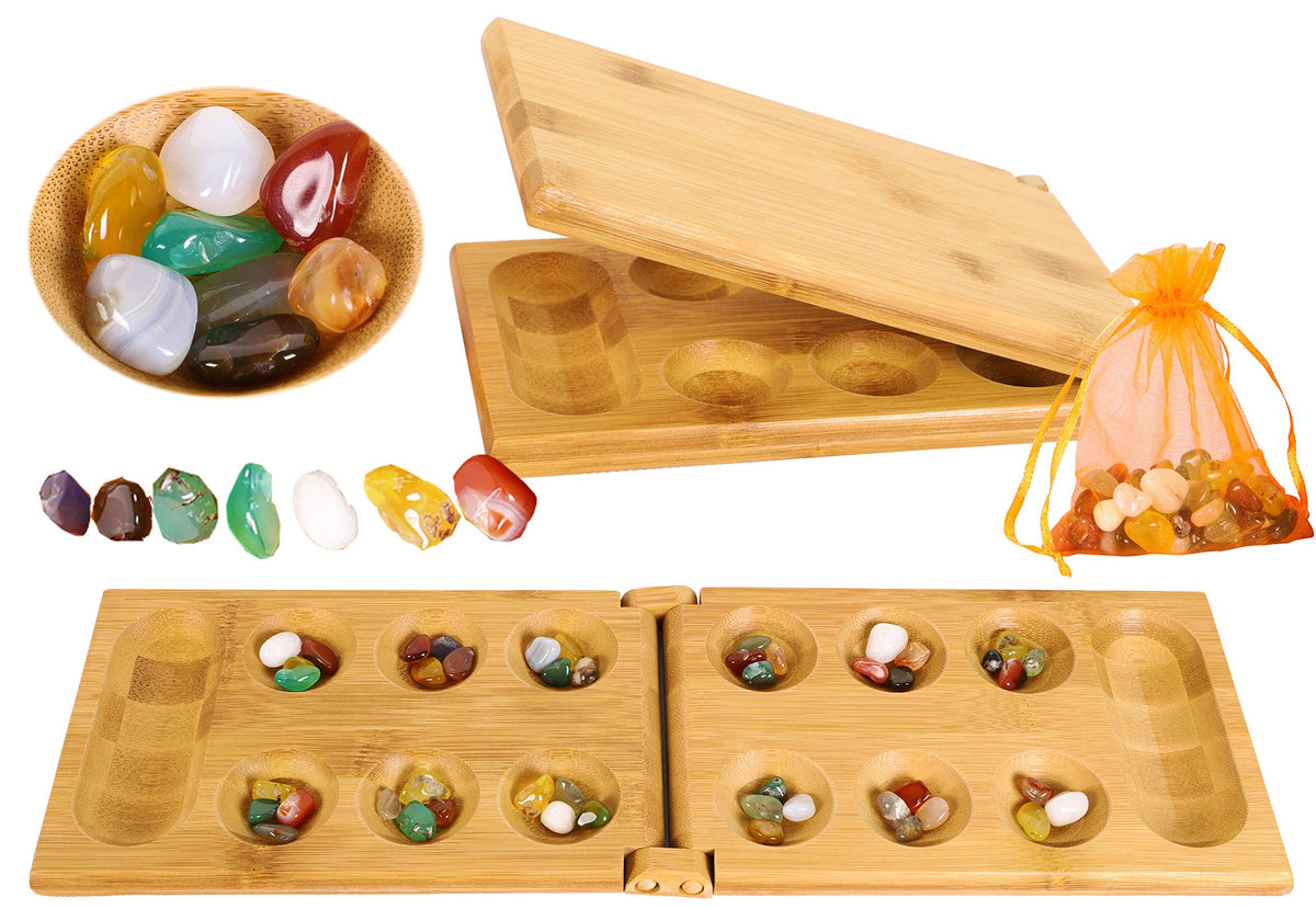 TOWO Mancala board folding open with seeds ready for family strategy play
