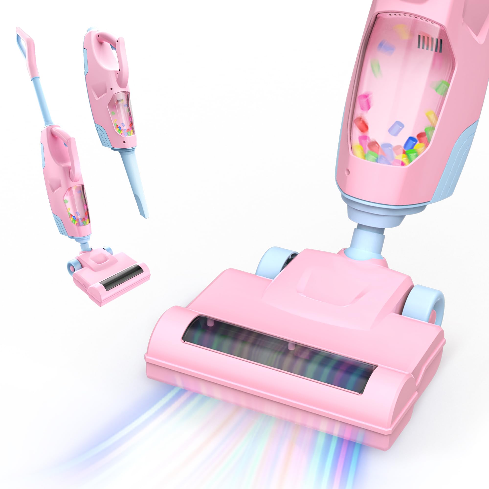 Toy Choi's 2-in-1 pink kids vacuum with side nozzle for pretend cleaning fun.