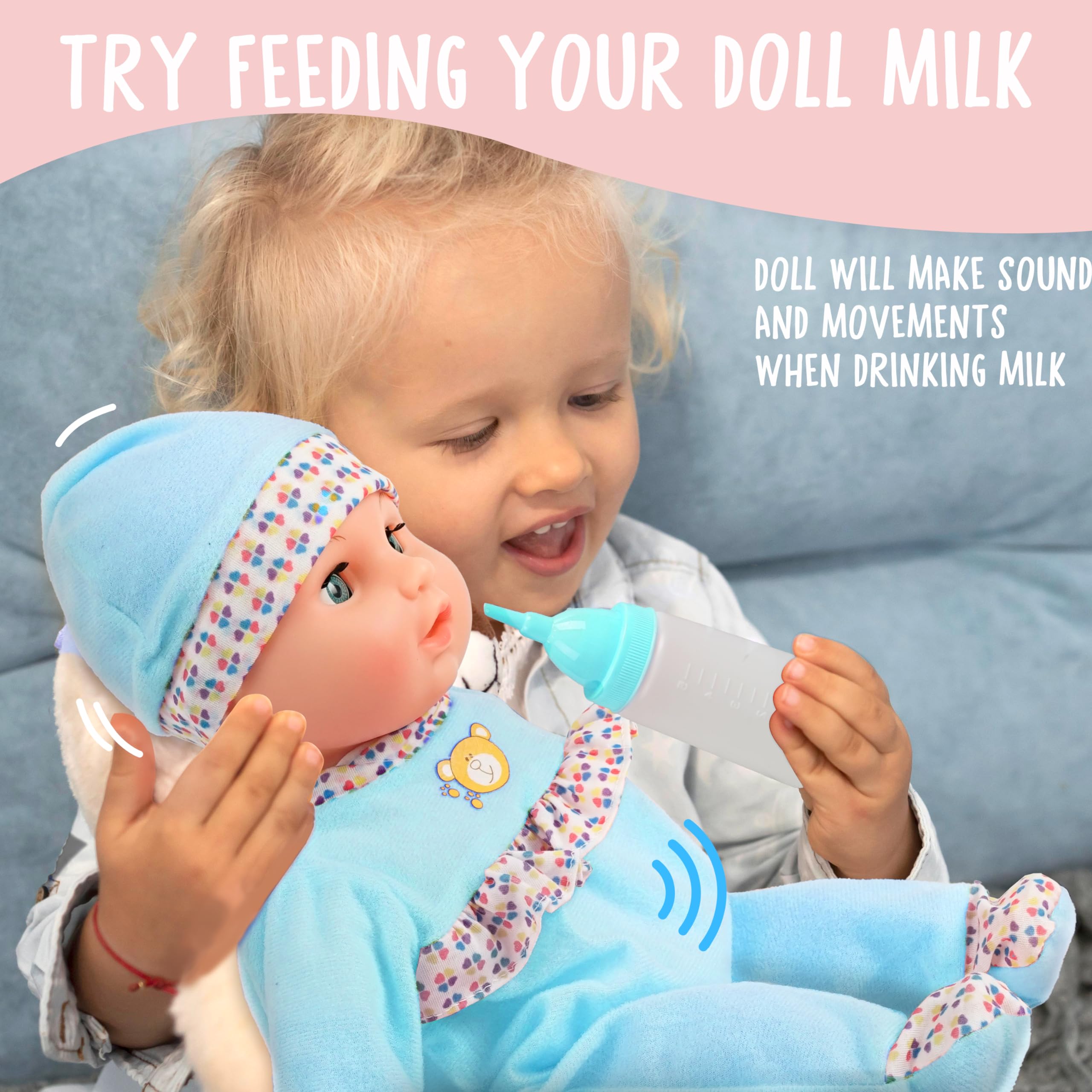 Toy Choi's doll demonstrates drinking sounds for realistic mealtime play.