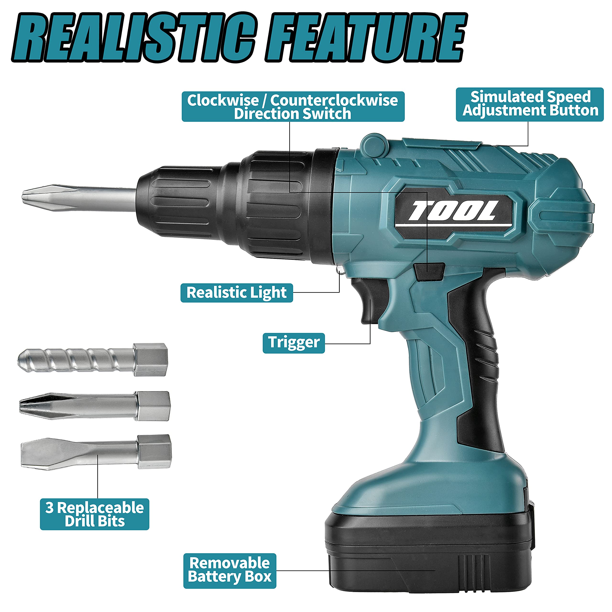 Toy Choi's Electric Drill with three bits rotates for varied pretend projects.