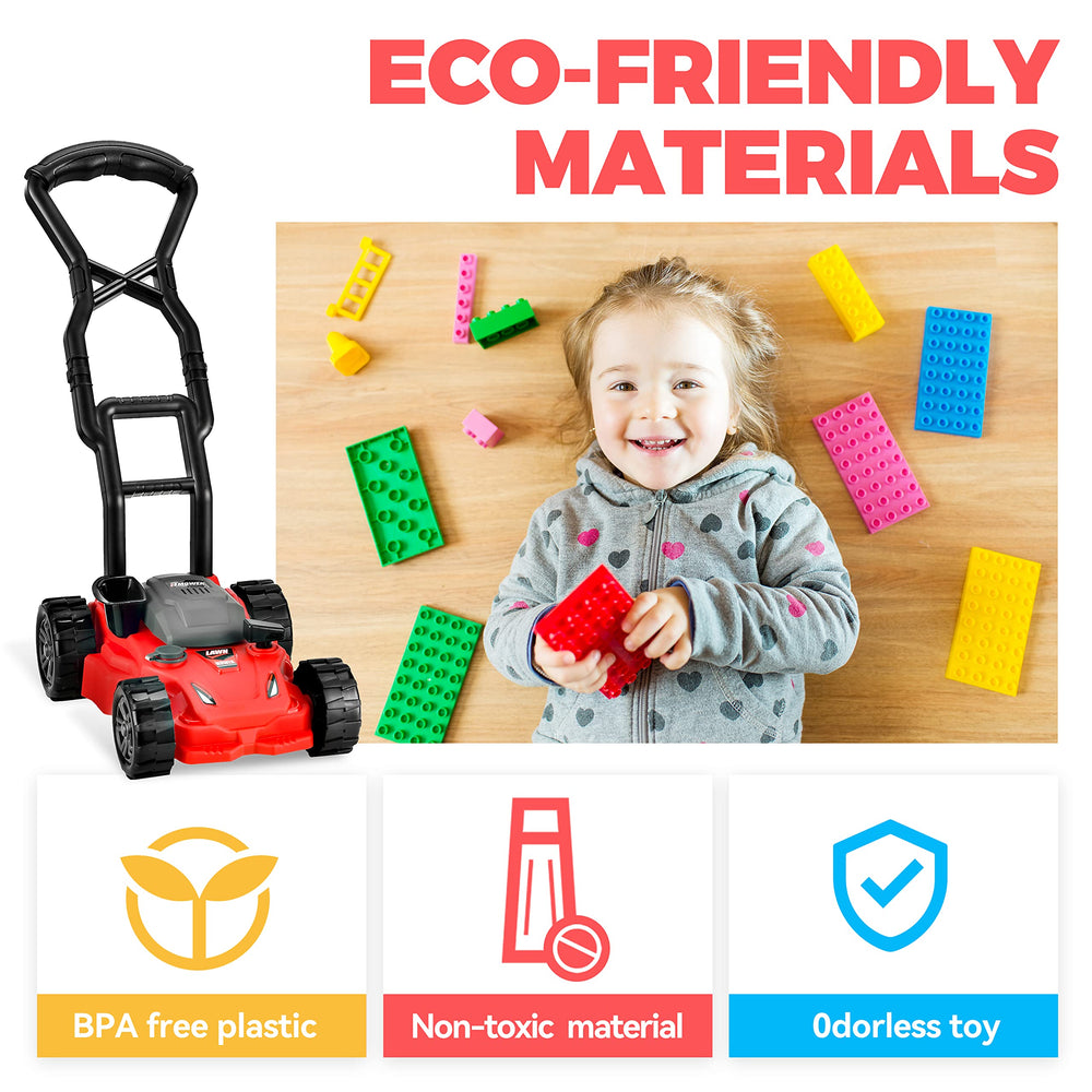 Toy Choi's Kids Lawn Mower in action during garden pretend play