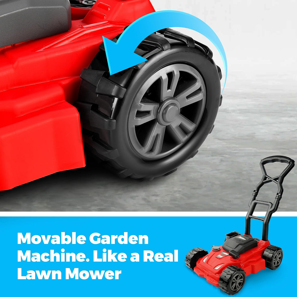 Toy Choi's Kids Lawn Mower set up for outdoor pretend gardening