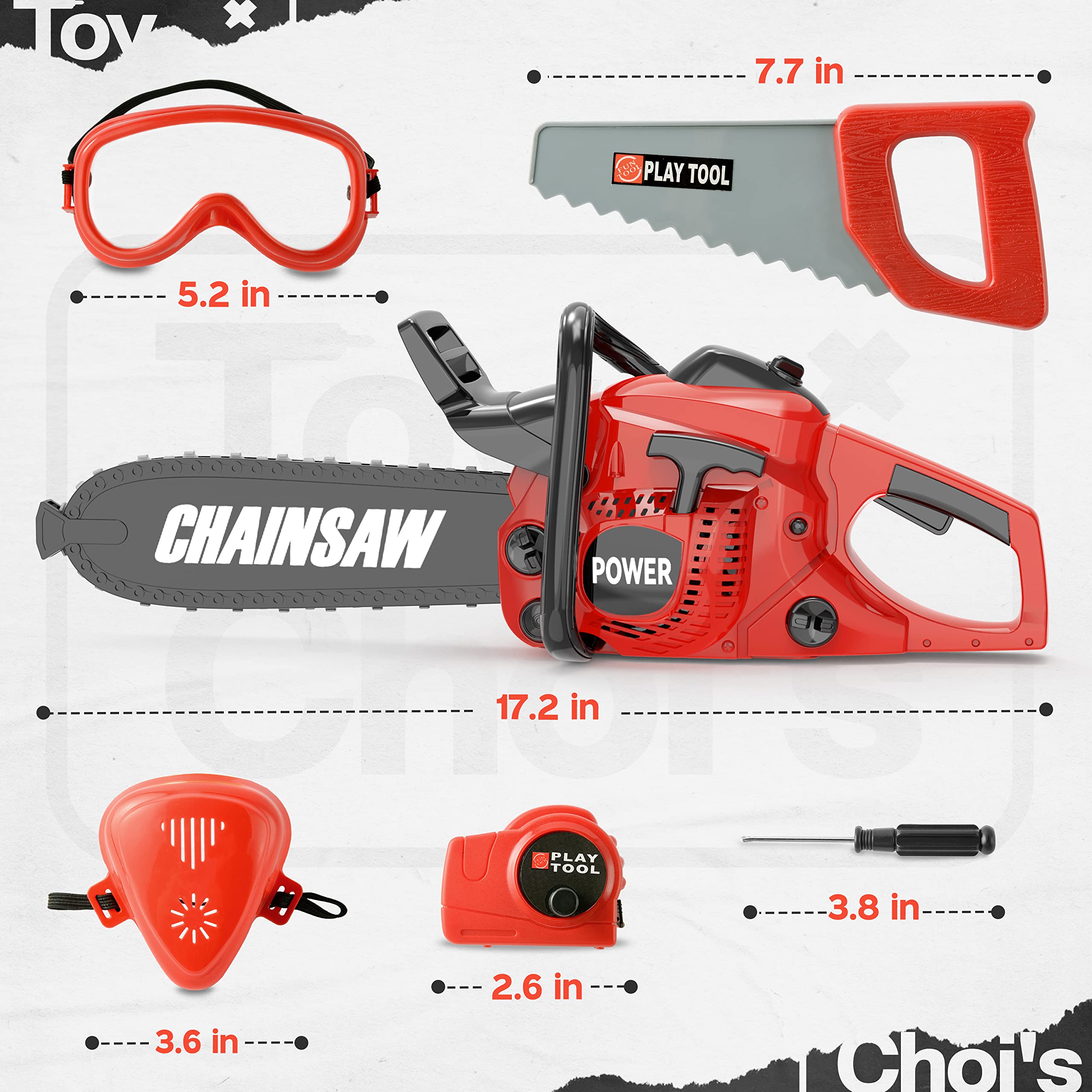 Toy Choi's chainsaw requires 3 AA batteries (not included) to power sounds