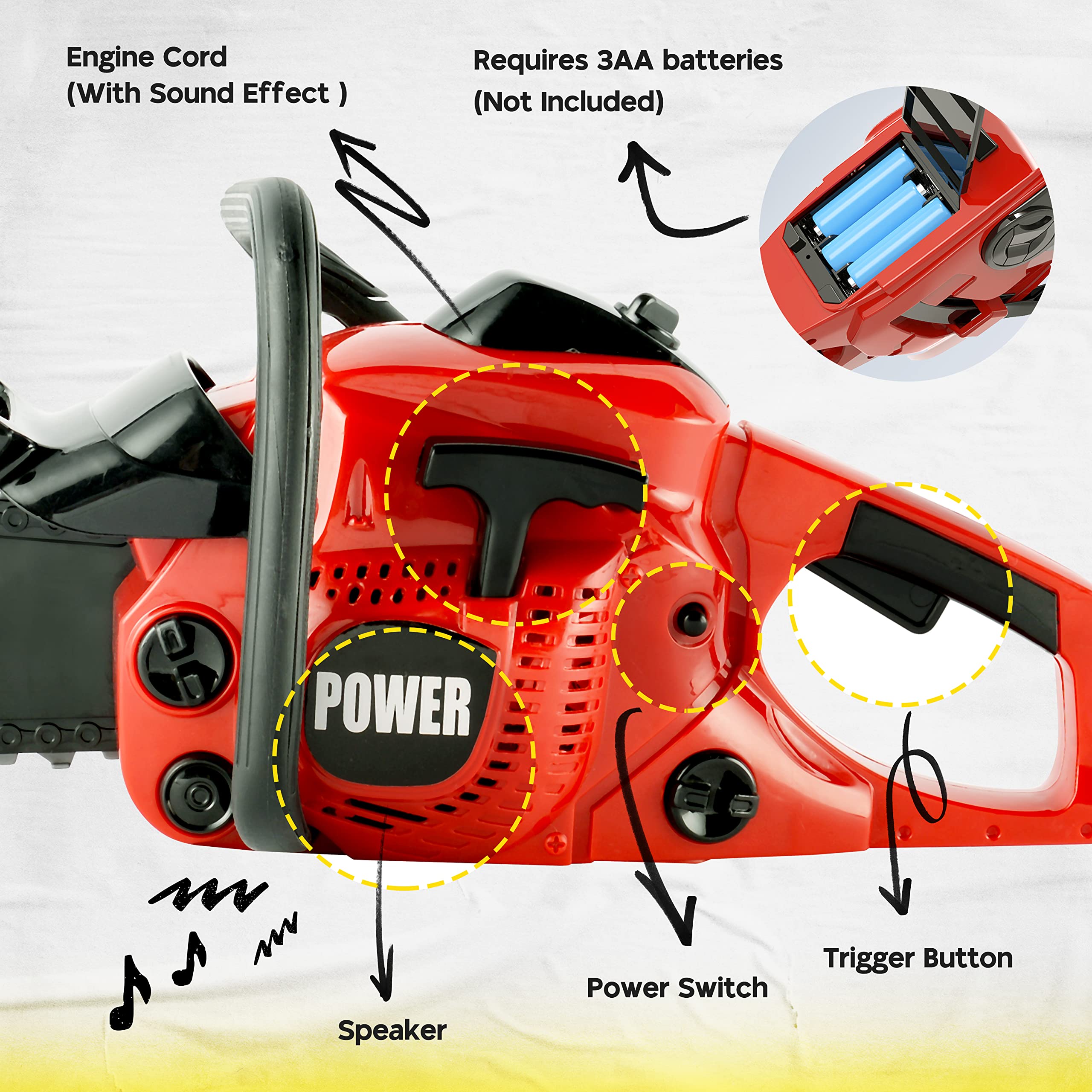 Toy Choi's toy chainsaw safely rotates the chain with a built-in spring
