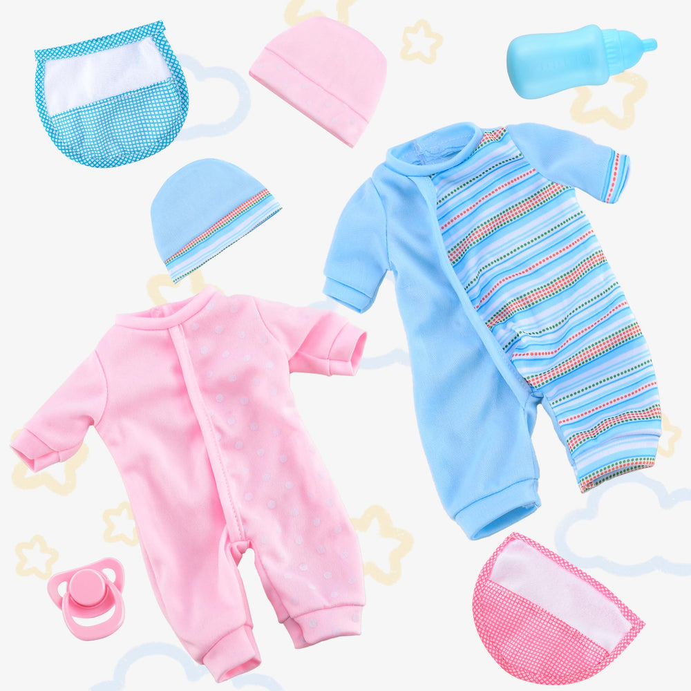 Two outfits and hats for Toy Choi's twin dolls to boost dress-up fun.