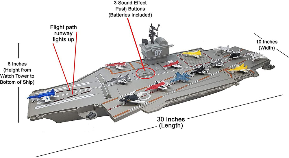 Toy Essentials aircraft carrier runway lights illuminate playtime for extra excitement.