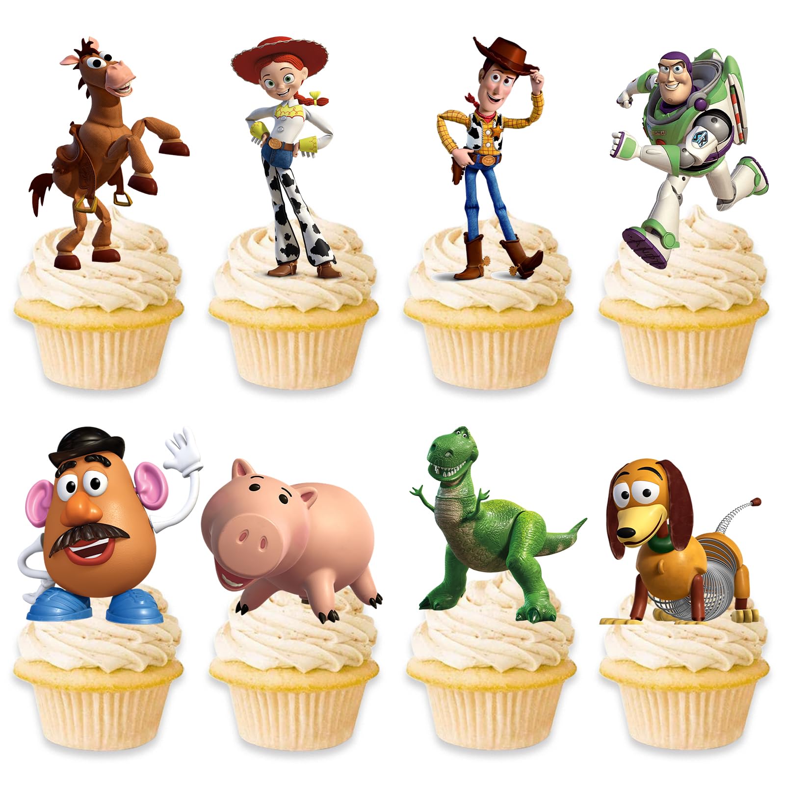 Toy Inspired Story Cupcake Toppers in eight designs for a colorful party display.