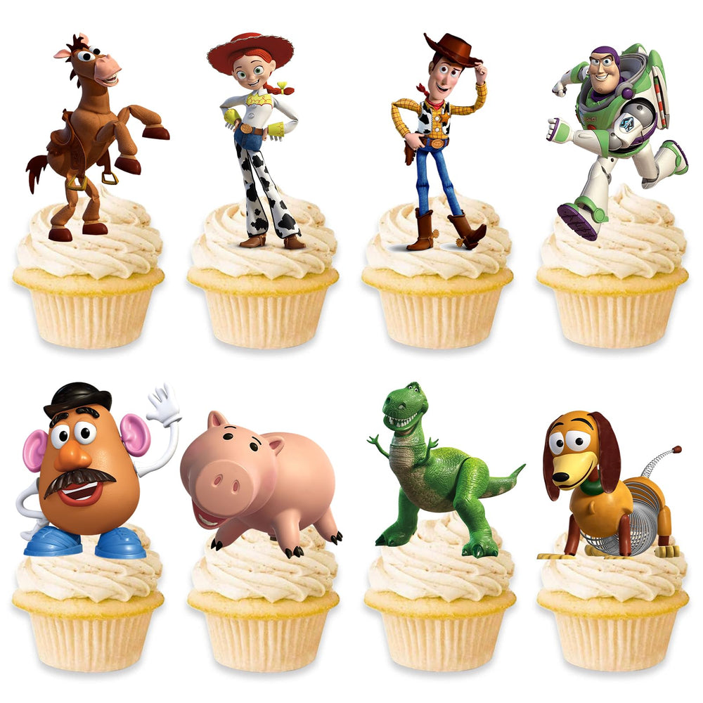 Toy Inspired Story Cupcake Toppers in eight designs for a colorful party display.