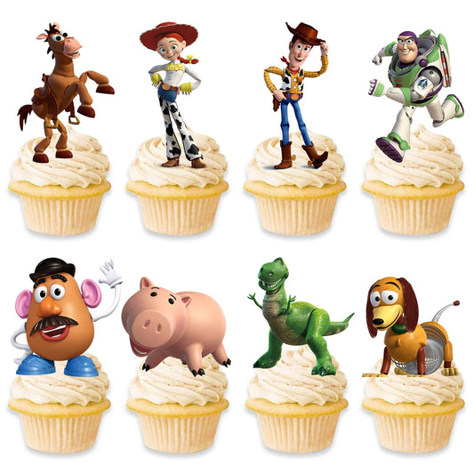 Toy Inspired Story Cupcake Toppers in eight designs for a colorful party display.