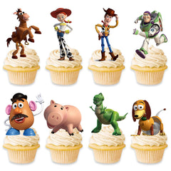 Toy Inspired Story Cupcake Toppers in eight designs for a colorful party display.