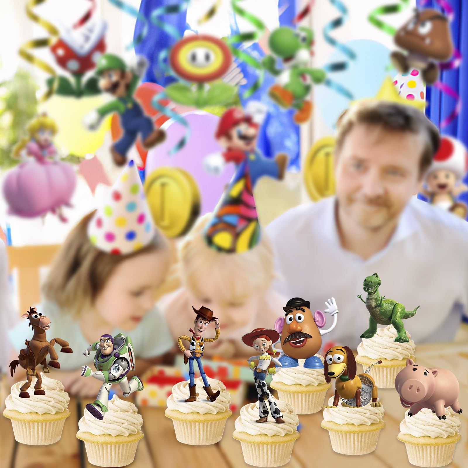 Toy Inspired Story Cupcake Toppers ideal for toy-themed birthday party decor.