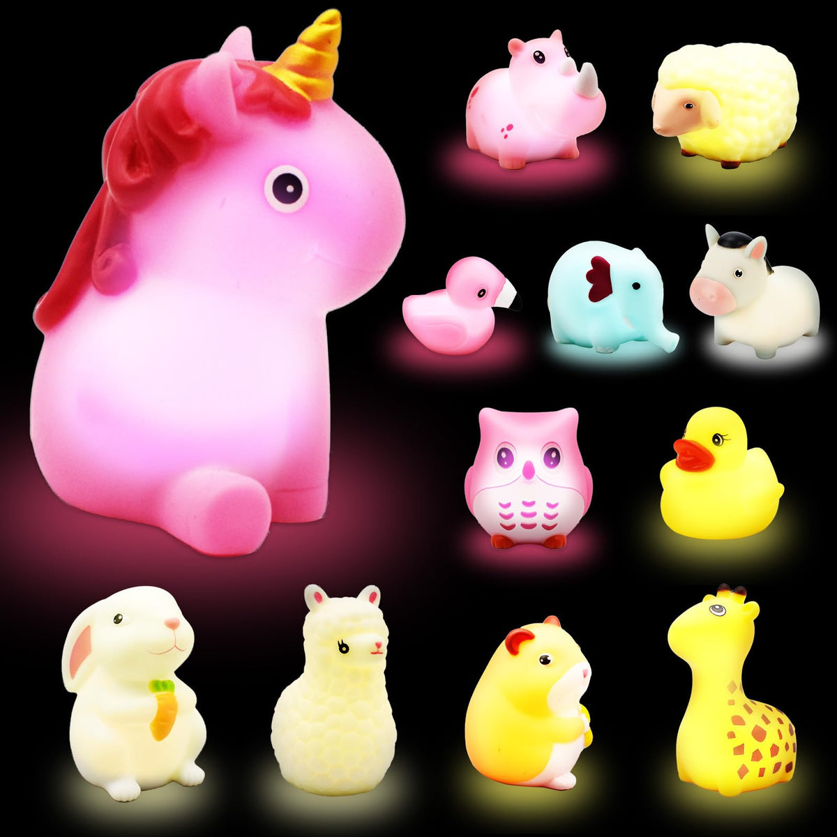 TOY Life 12-pc glow bath toys with vibrant animal designs for kids' bath time.