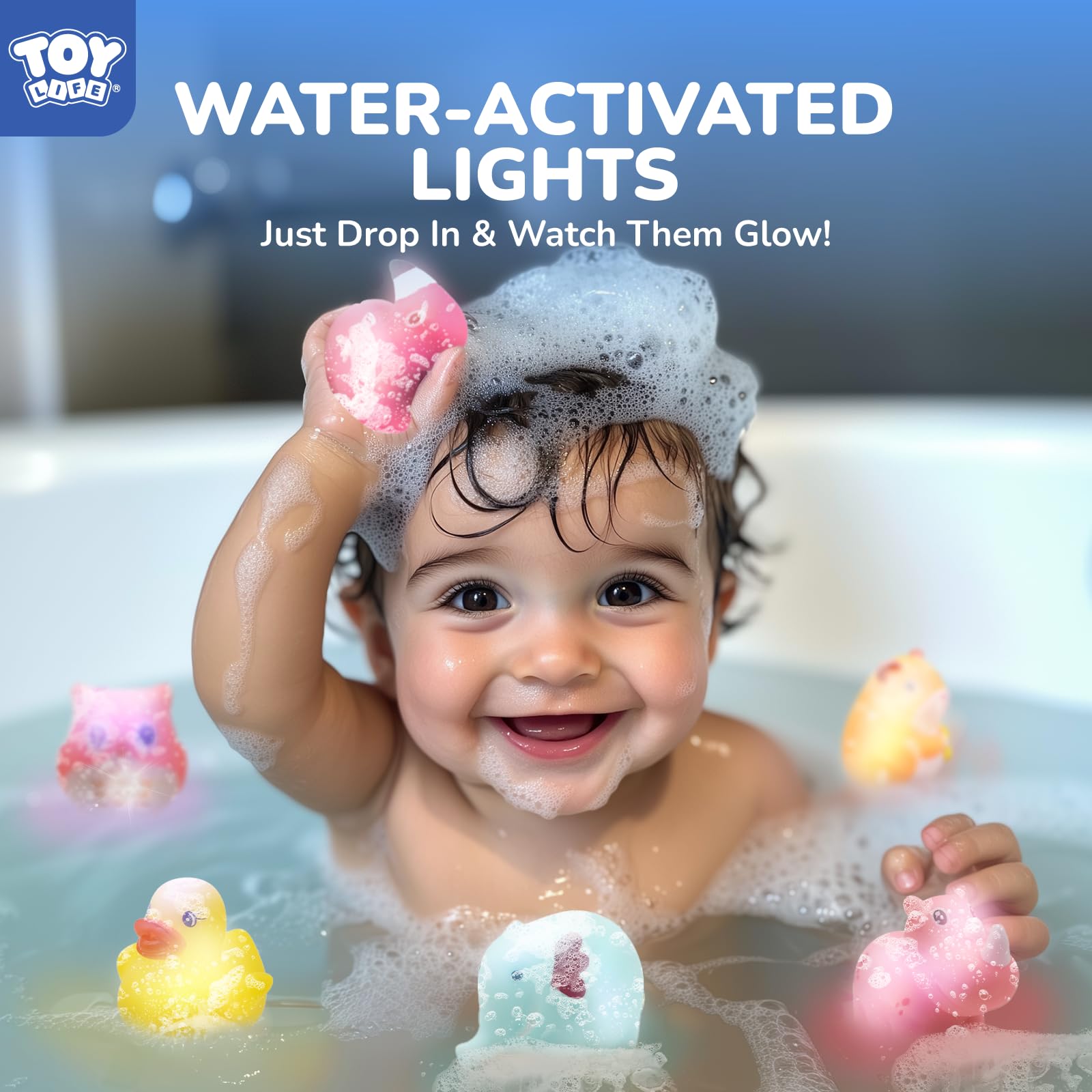 TOY Life glow bath toys produce underwater illumination for bath fun.