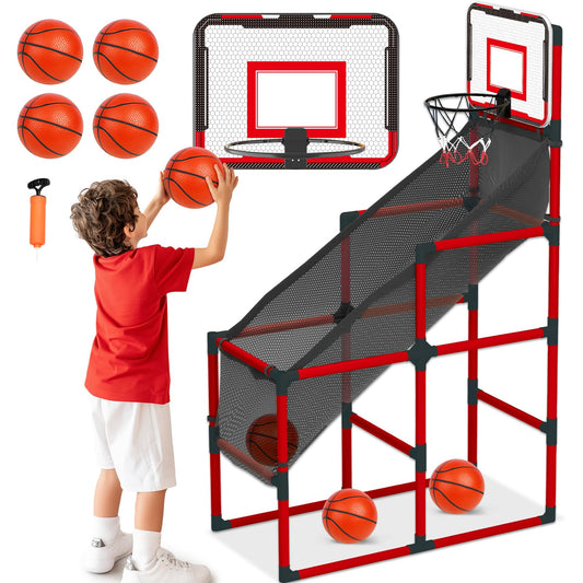 TOY Life arcade basketball hoop set up in a living room for quick family fun