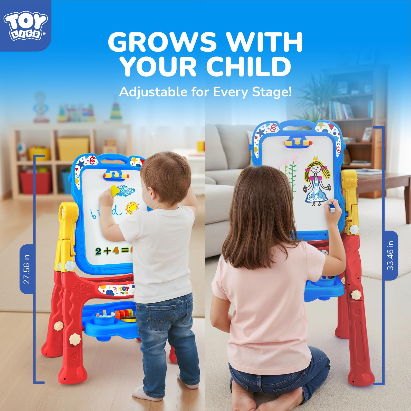 TOY Life Art Easel in use showing two sides and collaborative play