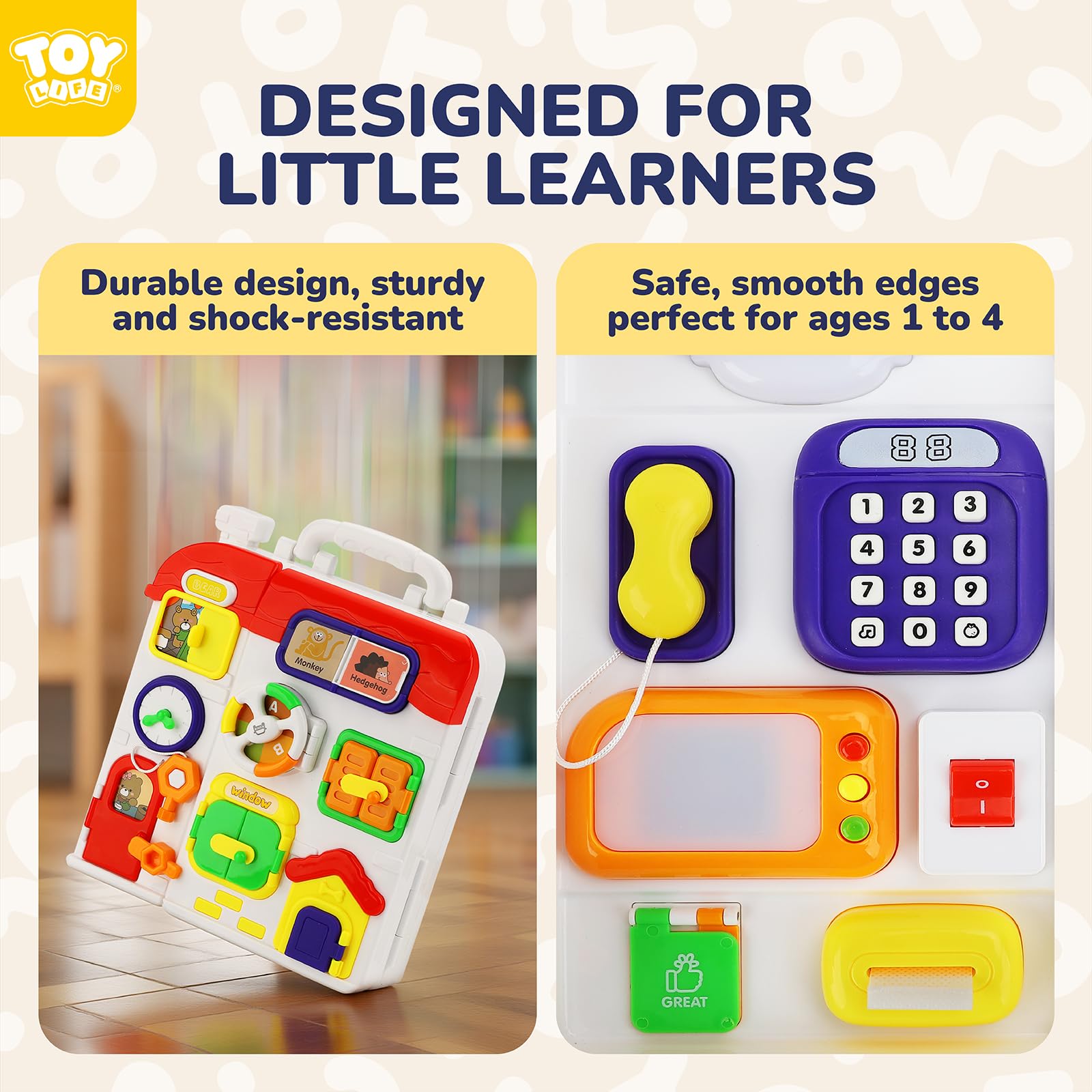 TOY Life bilingual busy board teaches numbers and animal sounds in English and Spanish.