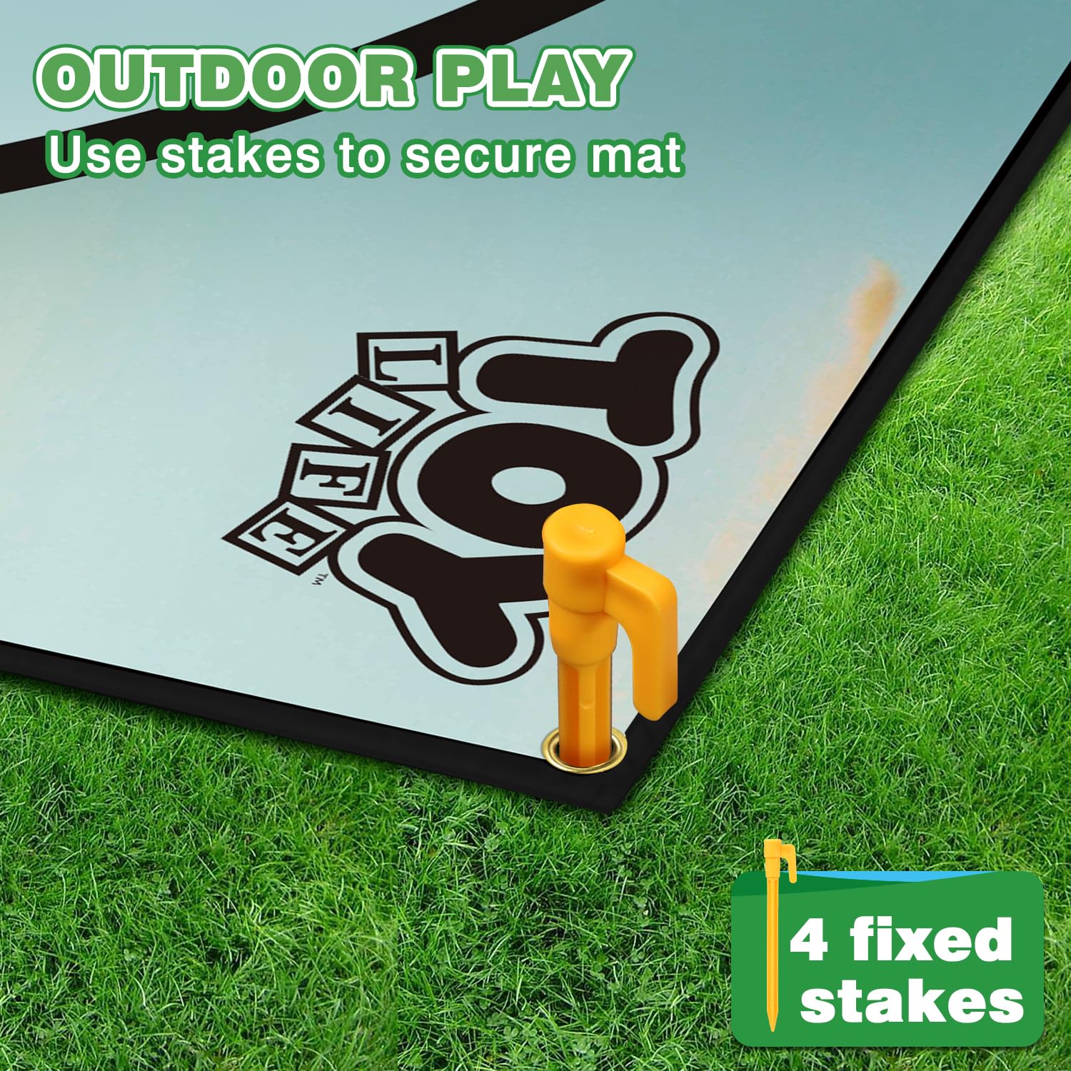 TOY Life chipping golf mat uses ground stakes for outdoor stability.