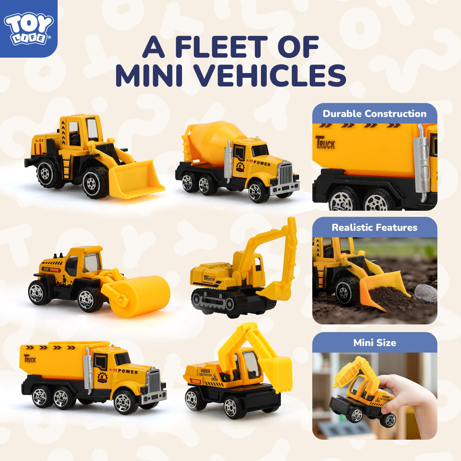 TOY Life construction vehicles at play in a kid-friendly setup.