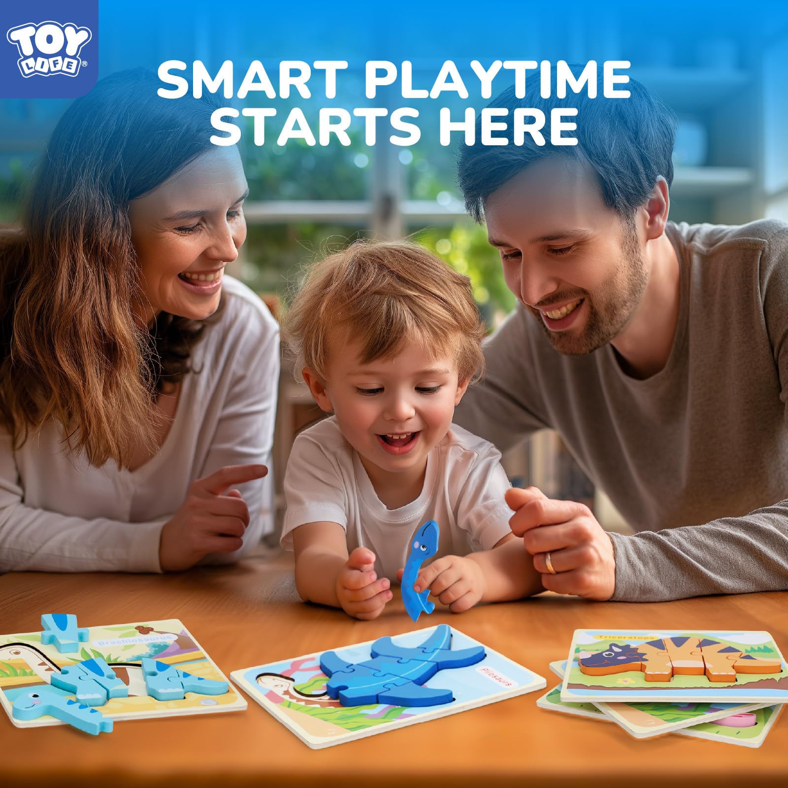 TOY Life puzzle board with dinosaur outlines guiding placement.