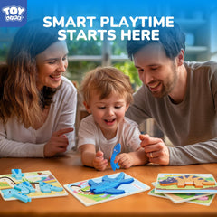 TOY Life puzzle board with dinosaur outlines guiding placement.