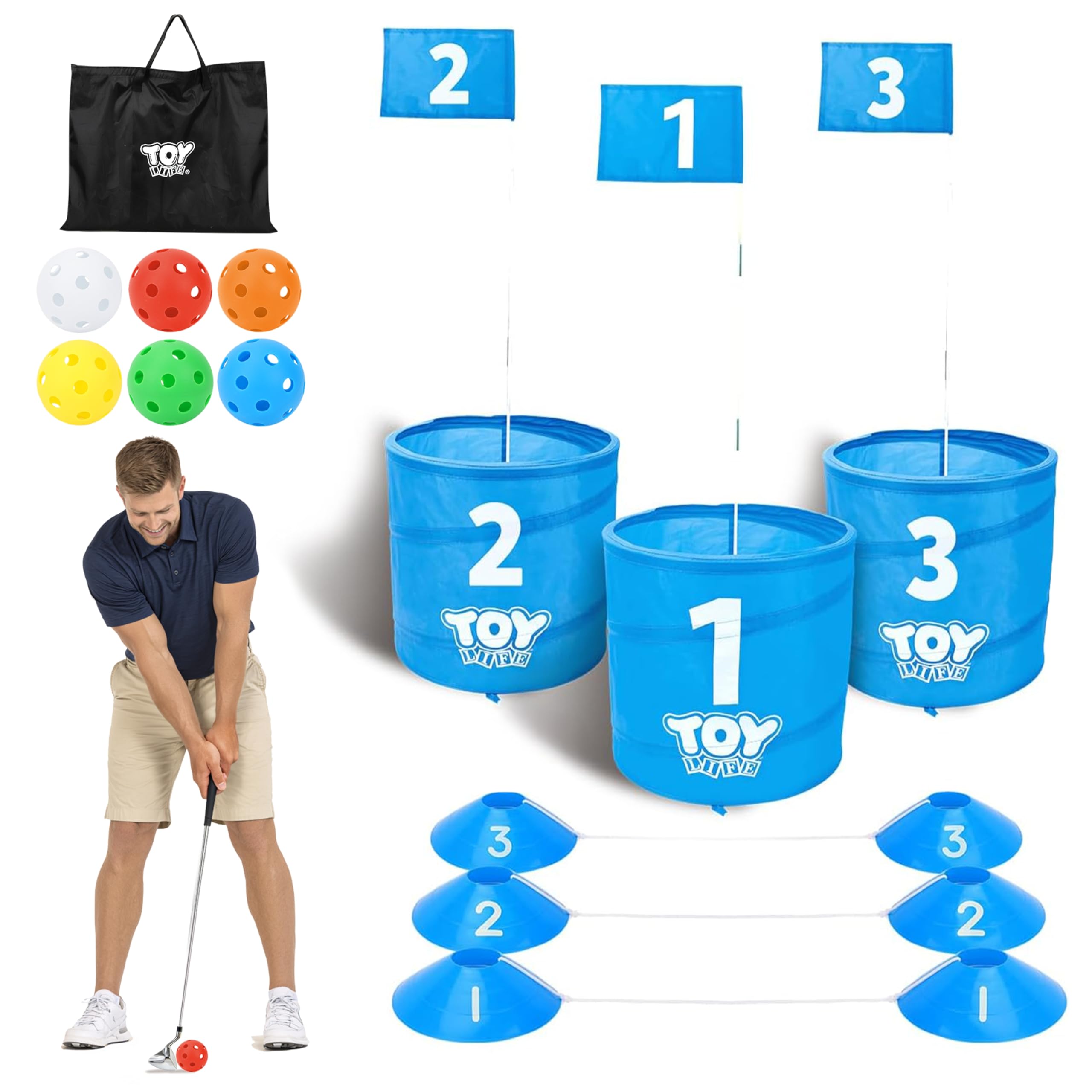 TOY Life Golf Bucket Set enables a portable backyard setup for quick outdoor fun.
