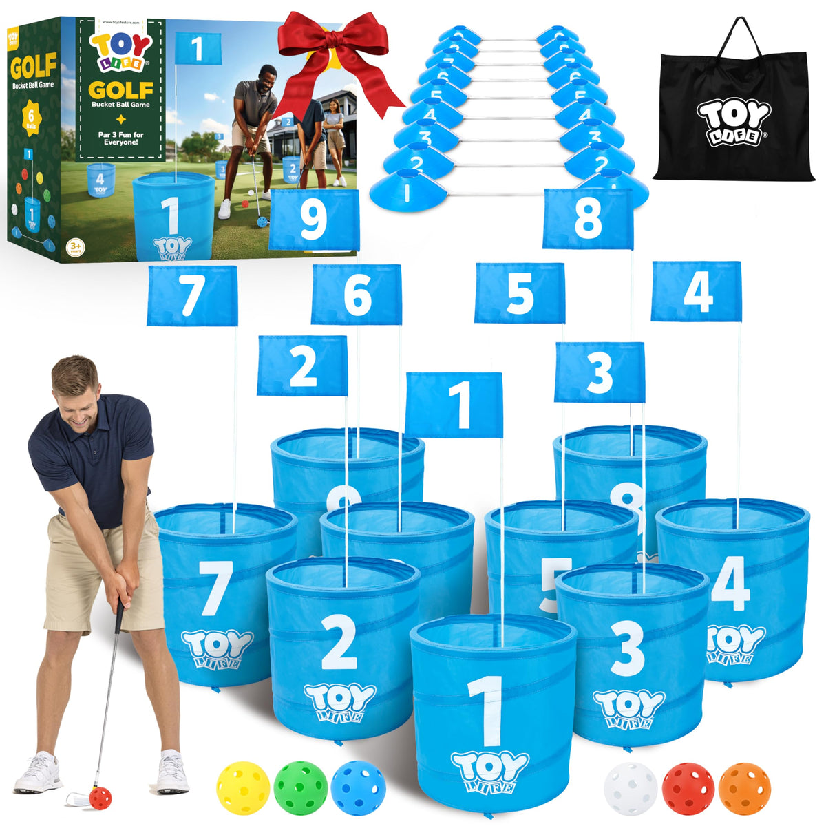 TOY Life Golf Game Set with 9 holes for backyard practice and play.