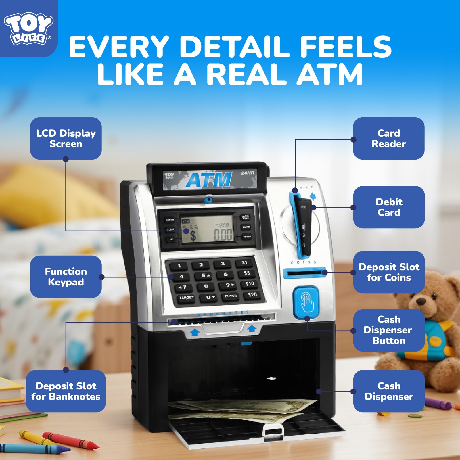 TOY Life Kids Bank ATM fingerprint scanner demo for interactive security practice.