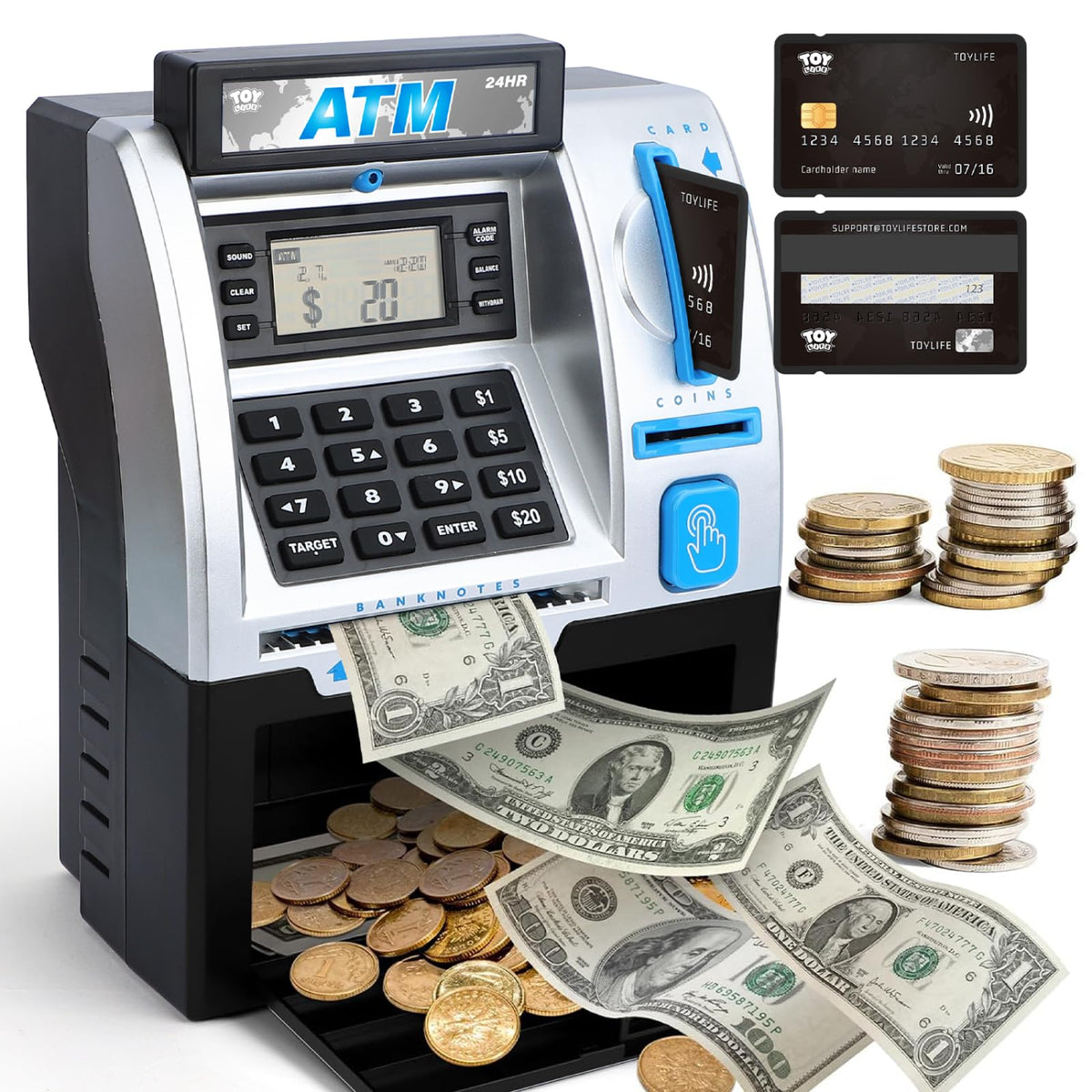 TOY Life Kids Bank ATM front view showing LCD balance display for interactive saving.