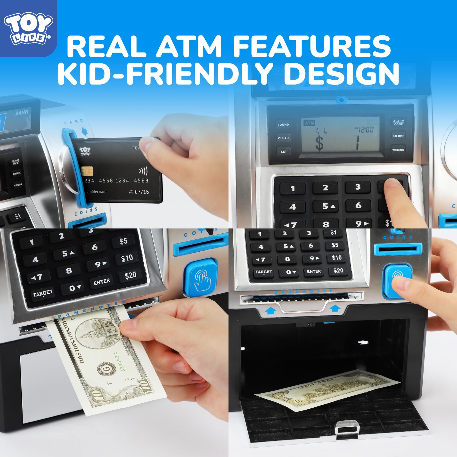 TOY Life Kids Bank ATM LCD display showcase balance tracking during play.