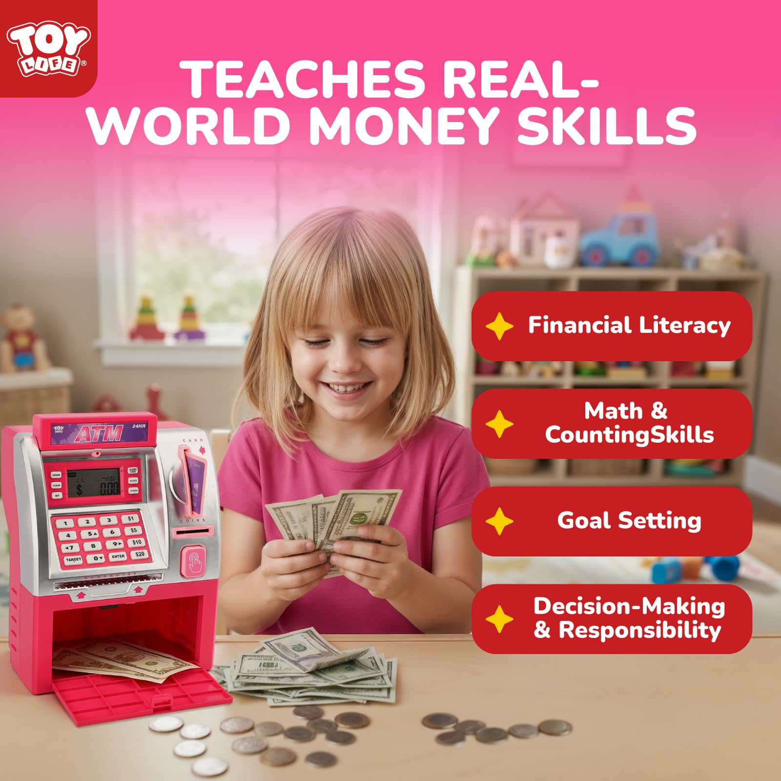 TOY Life Kids Bank ATM card-slot demonstrates debit-style access for hands-on banking.
