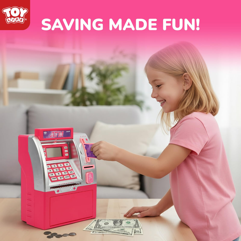 TOY Life Kids Bank ATM LCD display highlights running balance for visual tracking of money.