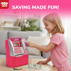 TOY Life Kids Bank ATM LCD display highlights running balance for visual tracking of money.