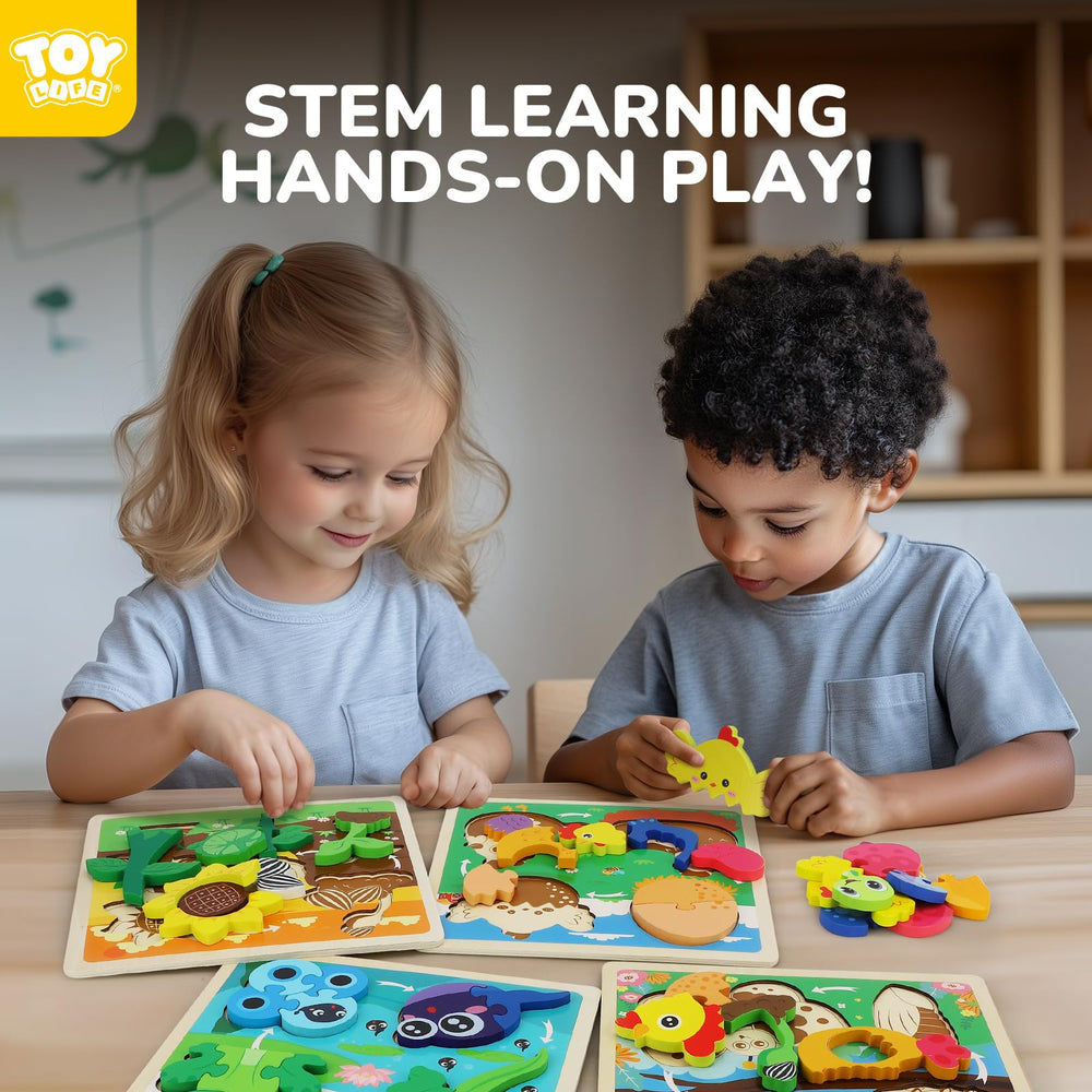 TOY Life Life Cycle Puzzle wooden blocks emphasize safe, durable design.