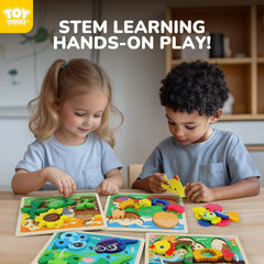 TOY Life Life Cycle Puzzle wooden blocks emphasize safe, durable design.