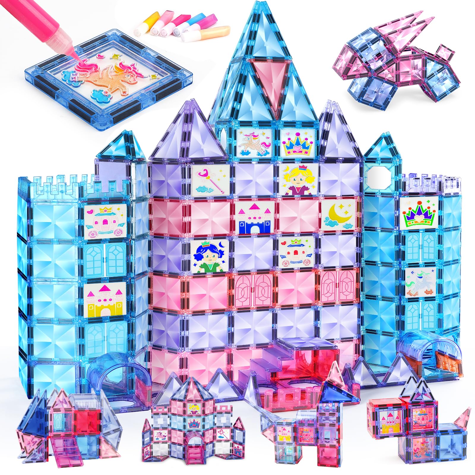 TOY Life magnetic tiles 68pcs princess castle with windows for imaginative building.