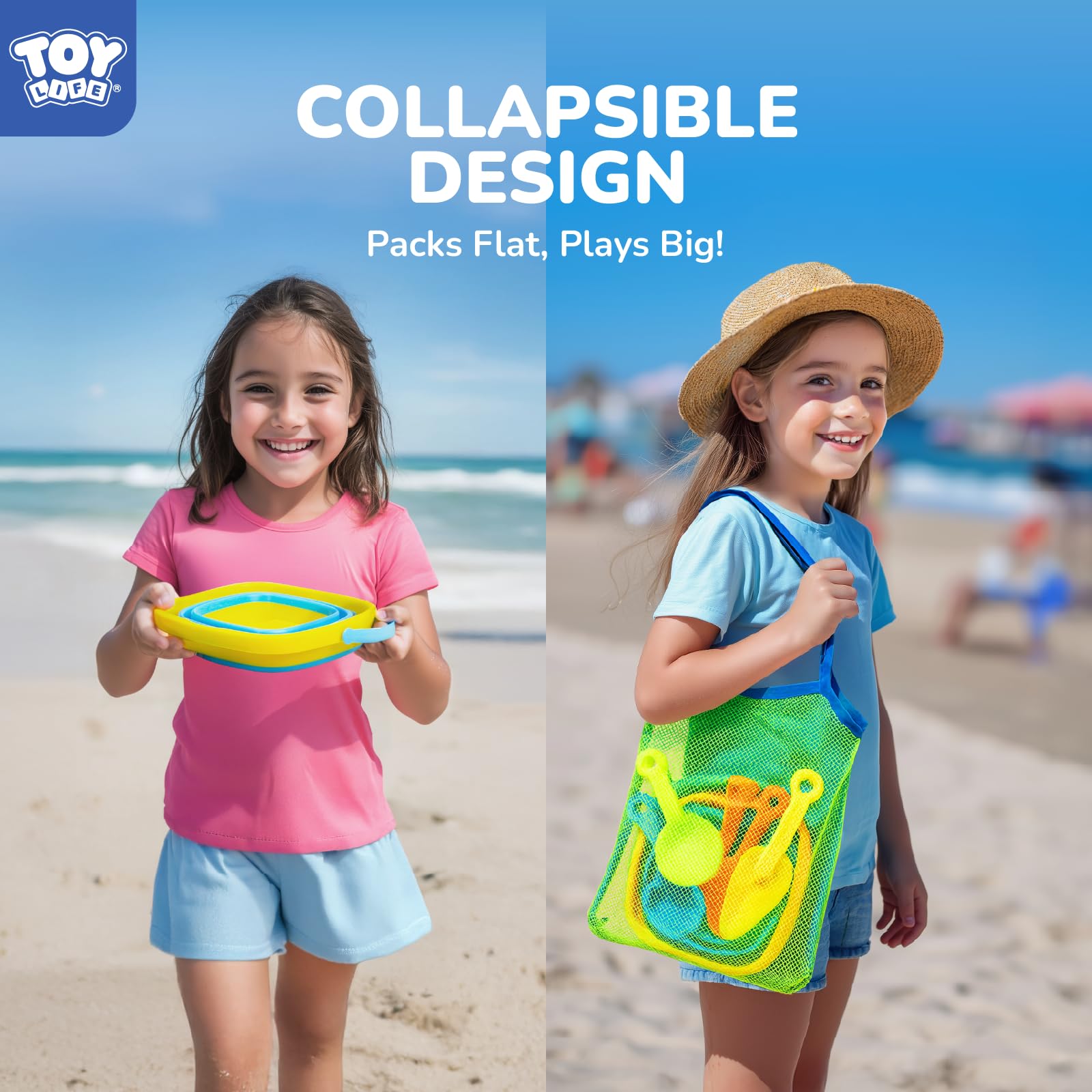 TOY Life mesh bag keeps sand toys organized and easy to carry.