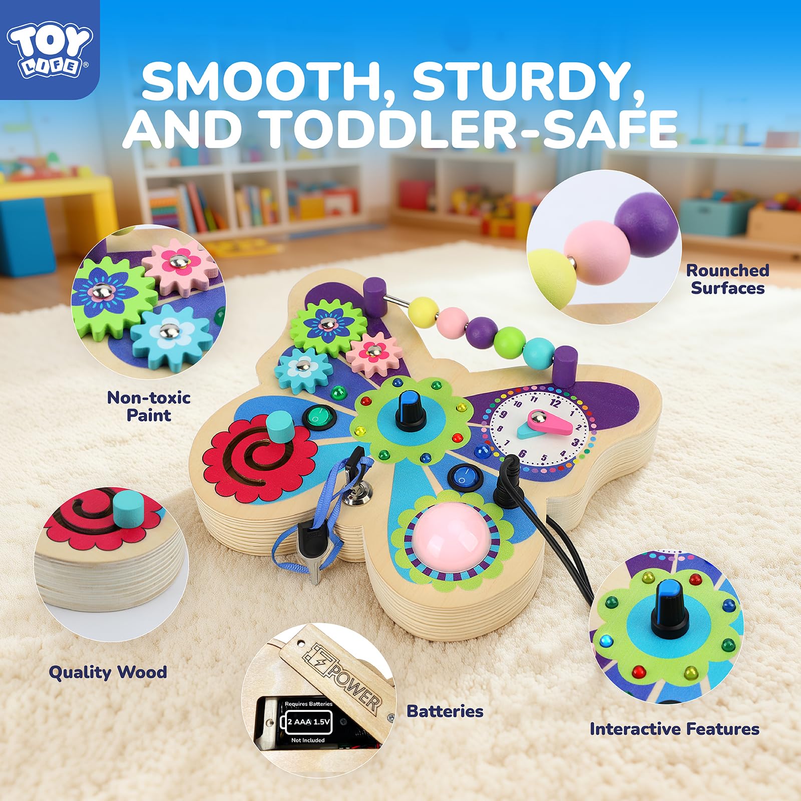 TOY Life Montessori Busy Board clock hands improve hand-eye coordination in toddlers.