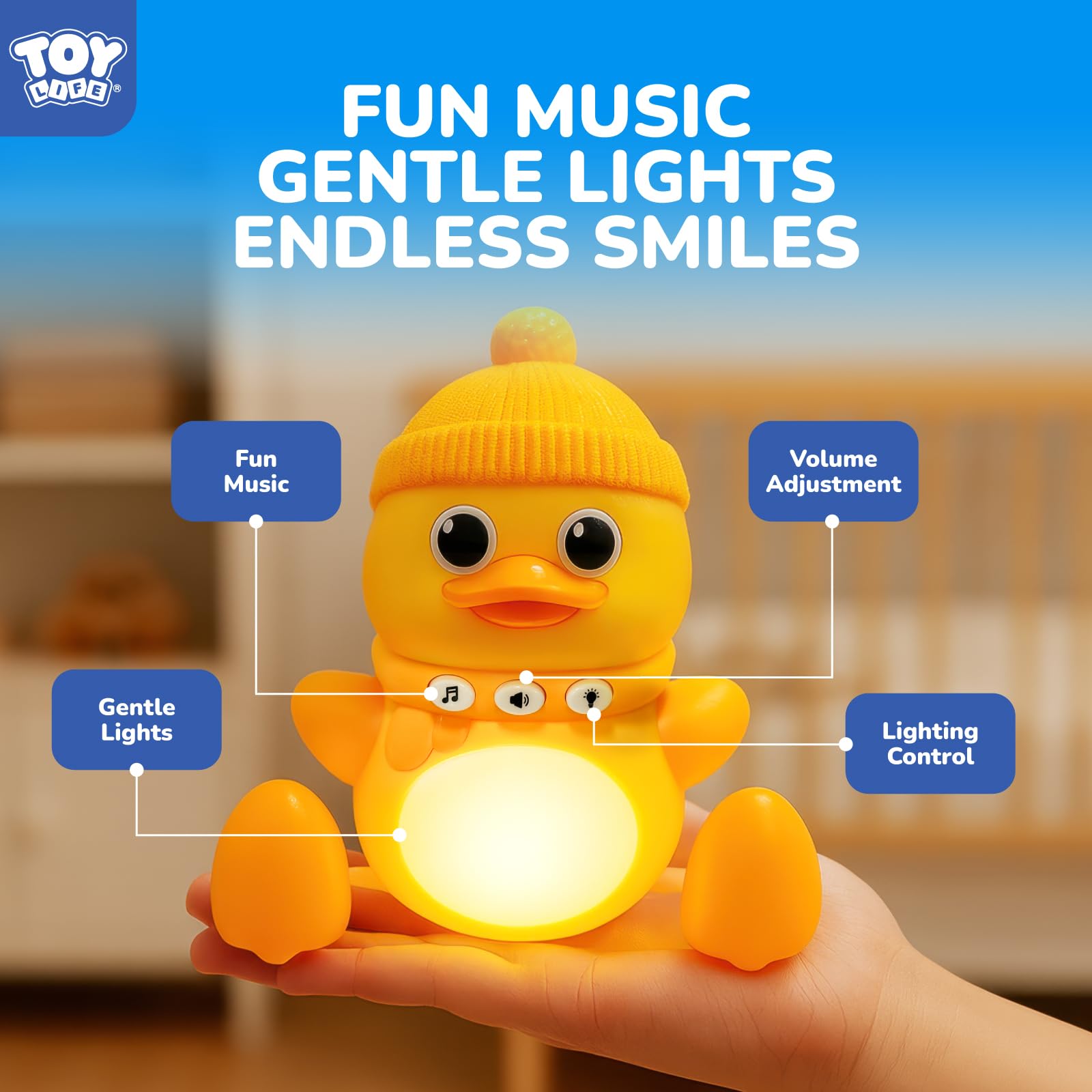 TOY Life night-light mode provides a soothing glow for bedtime routines.