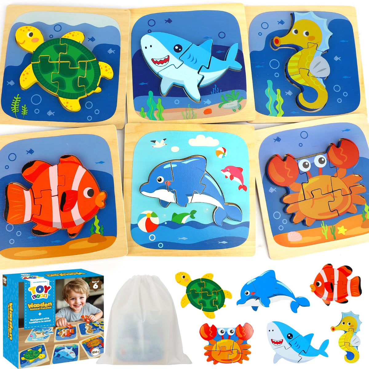 TOY Life sea animals puzzle board for toddlers, safe wooden design.