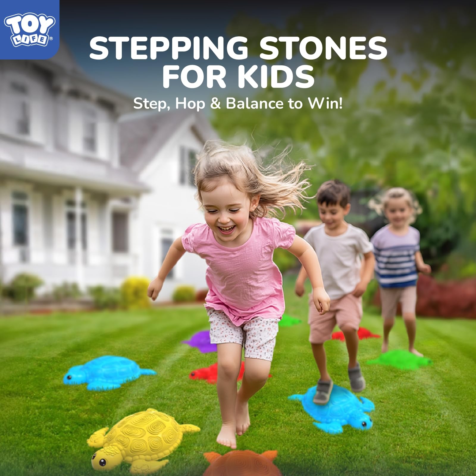 TOY Life turtle balance stones as kids jump between stones.