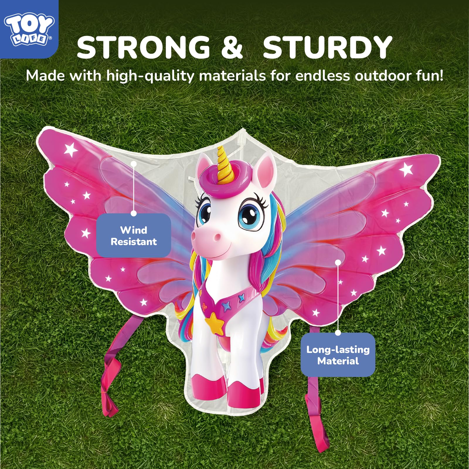 TOY Life unicorn kite includes 600D string and easy-grip handle for quick setup.