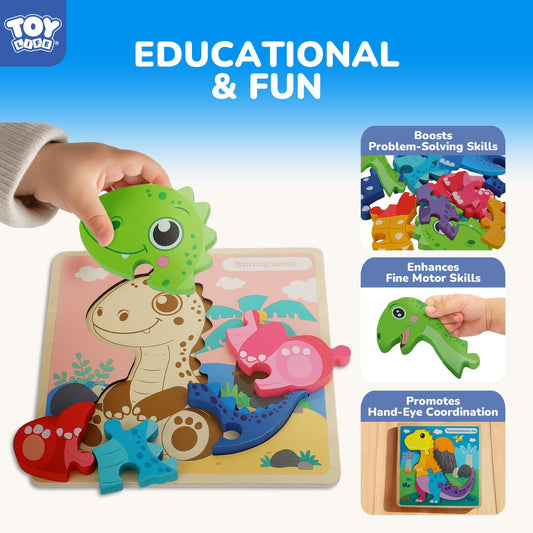 TOY Life wooden dinosaur pieces in vibrant colors invite exploration