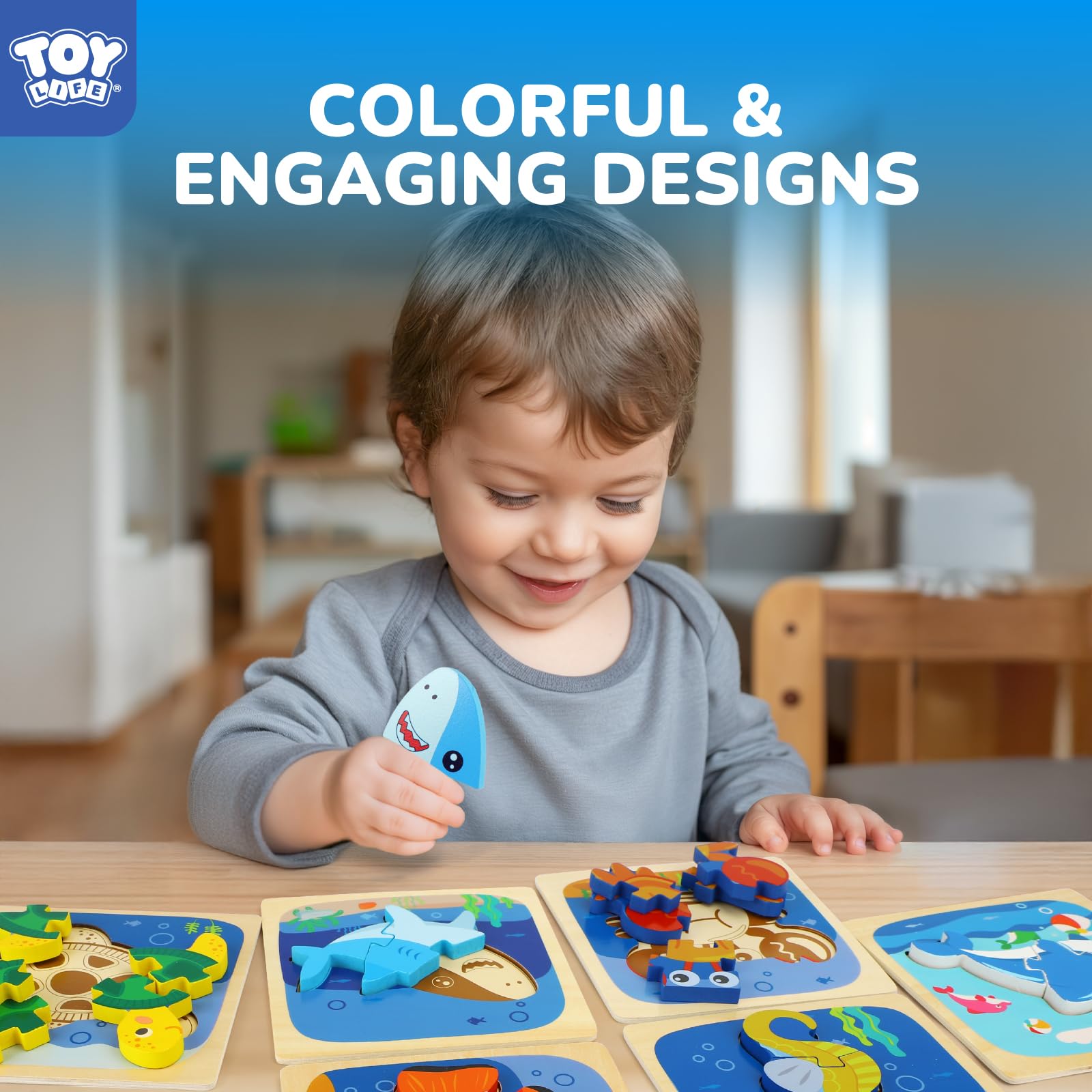 TOY Life wooden puzzle pieces encourage grasping and fine motor play.