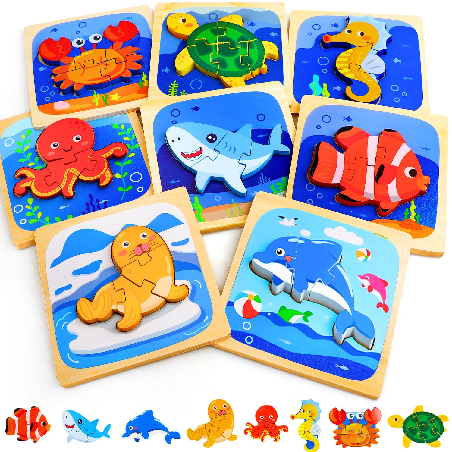 TOY Life wooden sea animals puzzle for toddlers enhances hand-eye coordination.